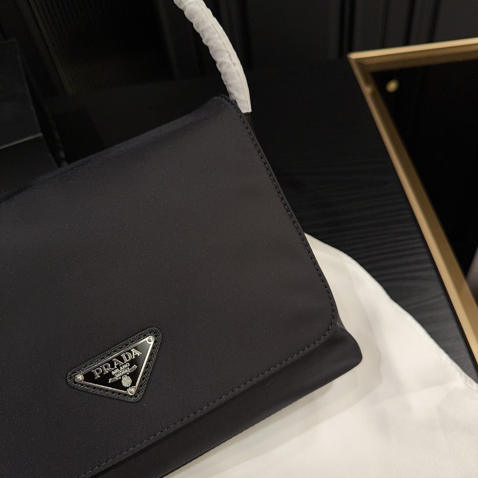 TRIANGLE LOGO SHOULDER BAG 26 IN BLACK RE-NYLON