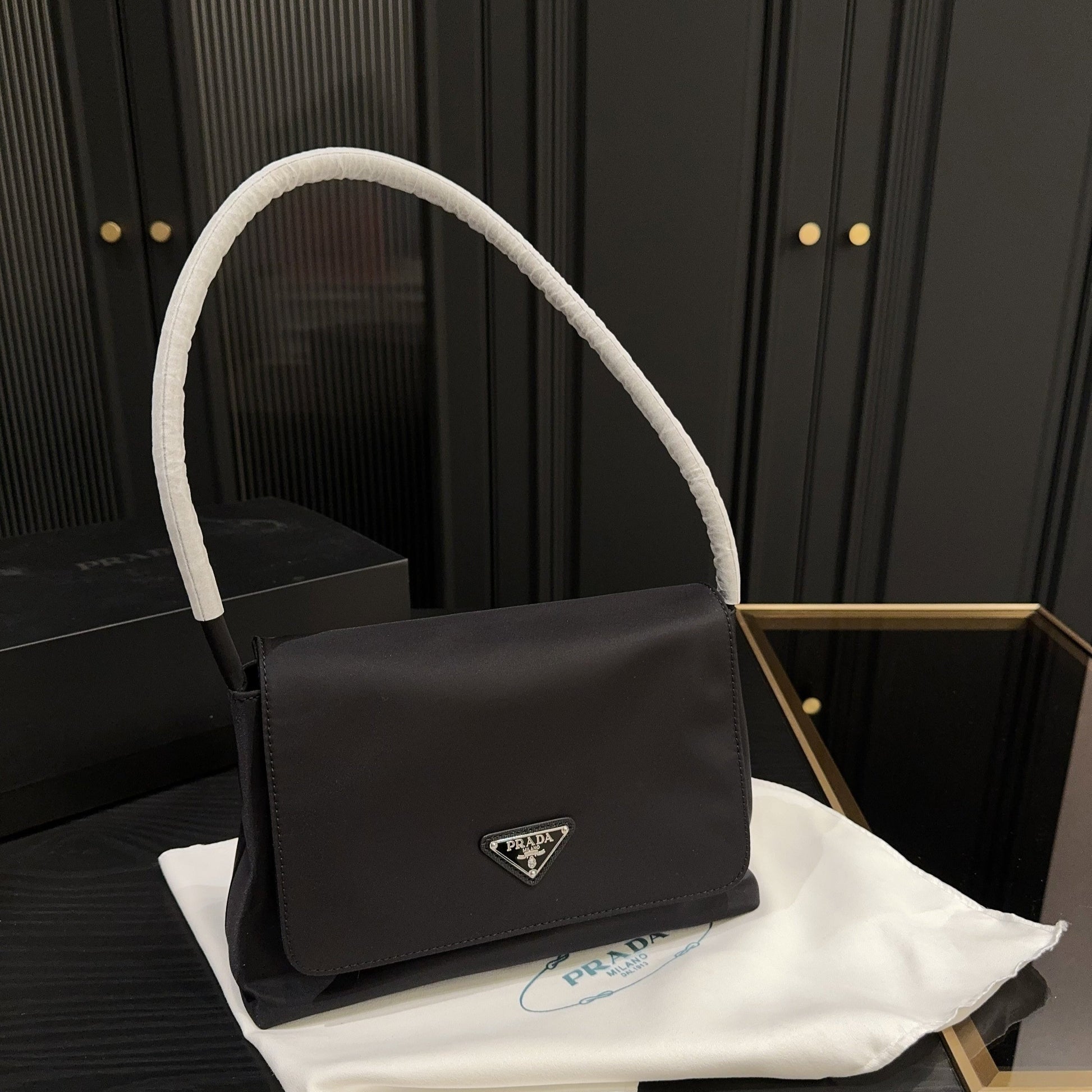 TRIANGLE LOGO SHOULDER BAG 26 IN BLACK RE-NYLON