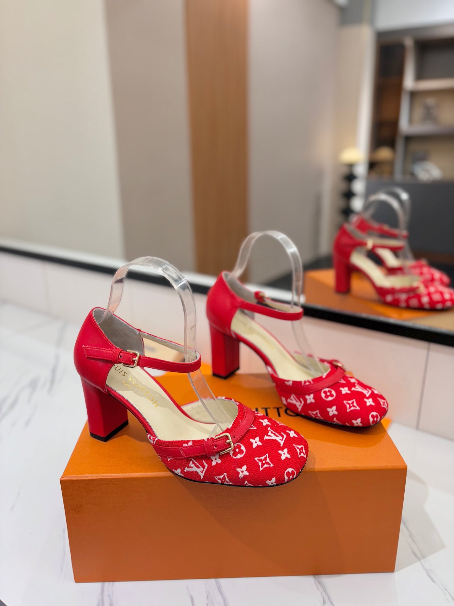 HIGH SANDALS 8 CM IN CHERRY RED MONOGRAM DENIM