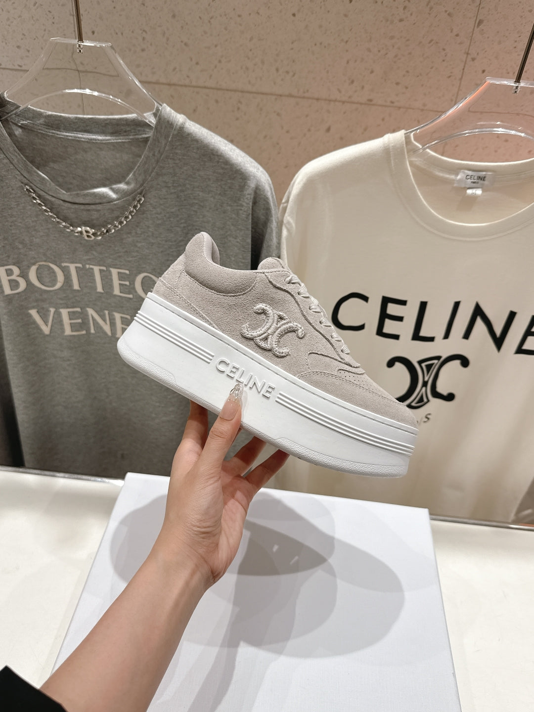 BLOCK SNEAKERS WITH EMBROIDERED TRIOMPHE IN MALIBU BEIGE SUEDE