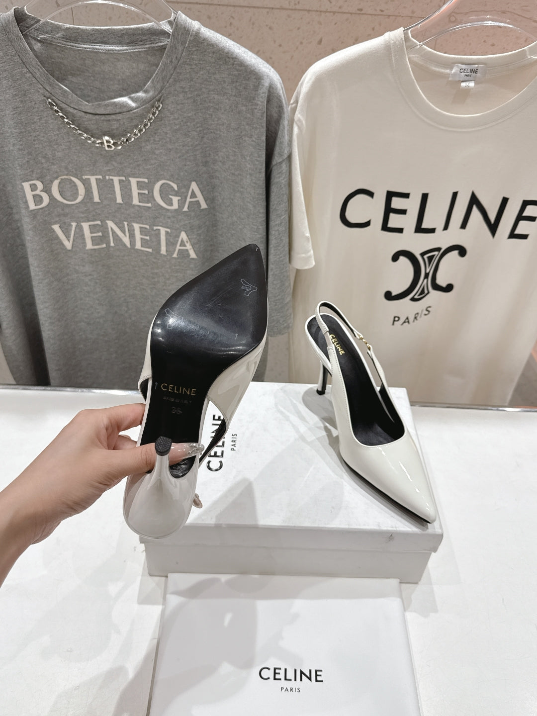 JUDY TRIOMPHE STILETTO SLINGBACK 75MM IN WHITE PATENT CALFSKIN