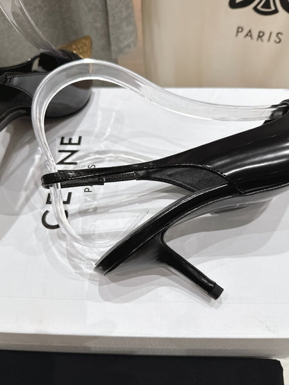 JUDY CAP TOE SLINGBACK 65MM IN BLACK SHINY CALFSKIN AND GOLD SNAKE EMBOSSED LEATHER