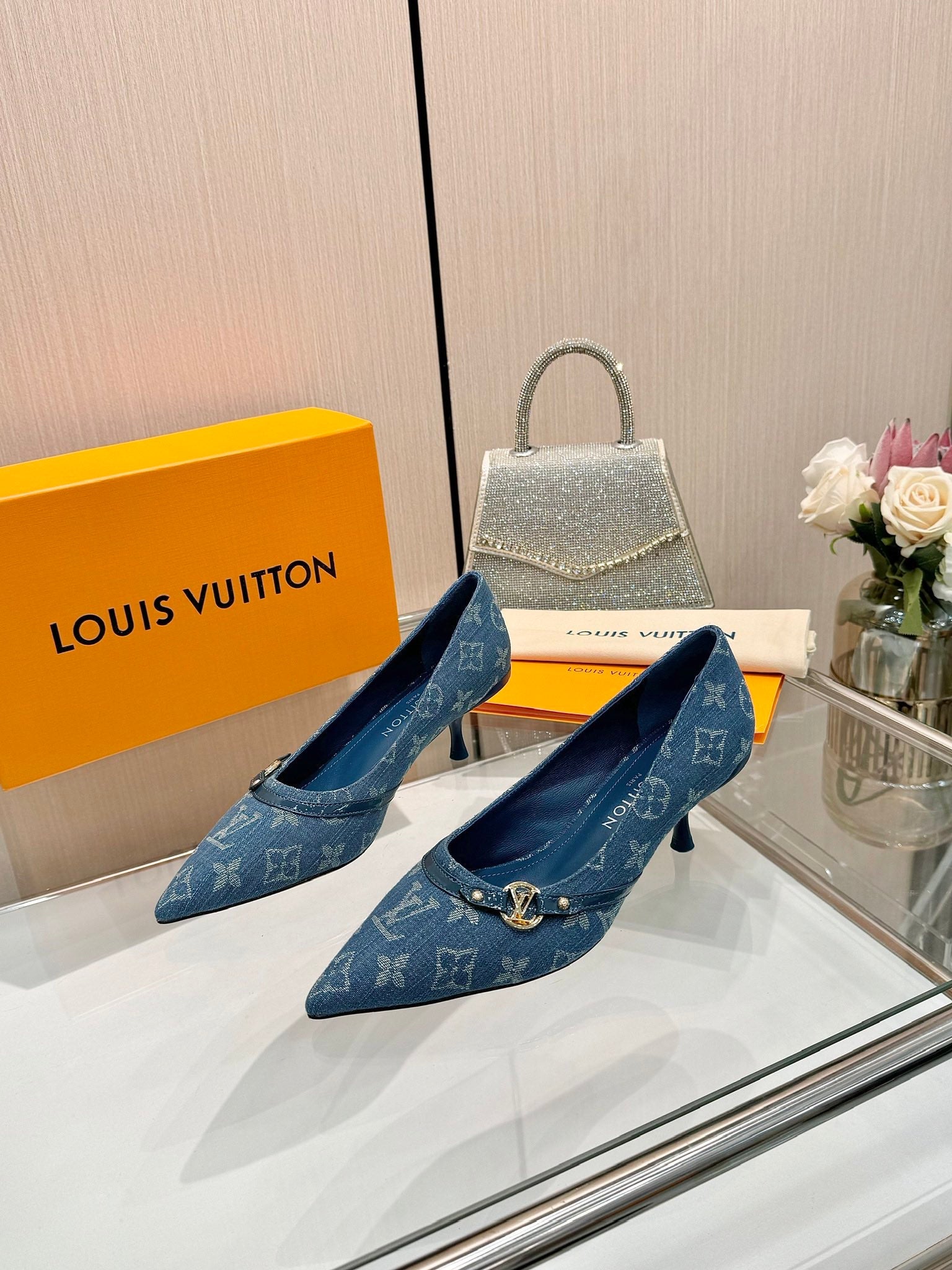 6AM HIGH HEELS 55 MM IN CLASSIC BLUE MONOGRAM DENIM