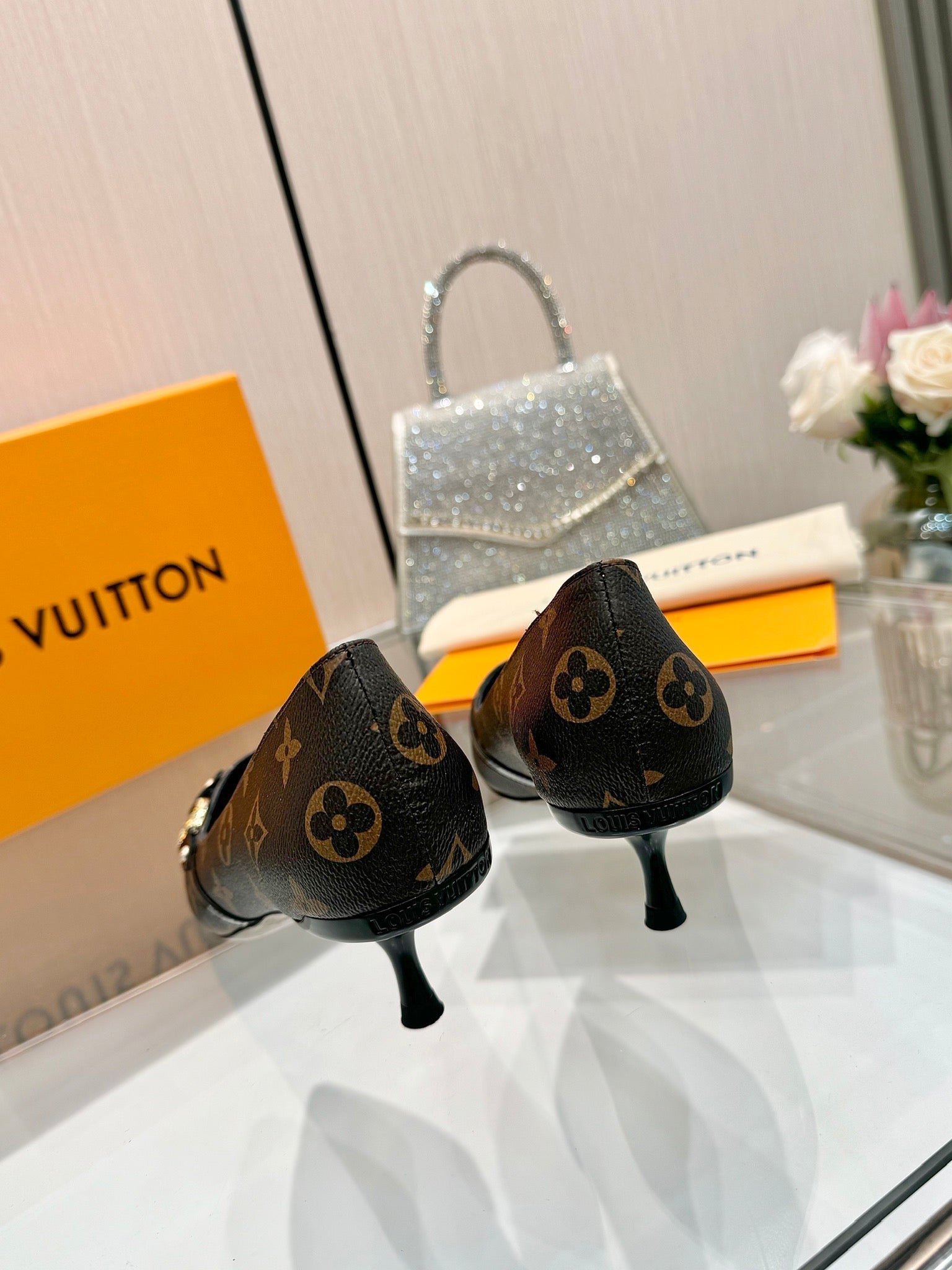 6AM HIGH HEELS 55 MM IN CHOCOLATE BROWN MONOGRAM LAMBSKIN