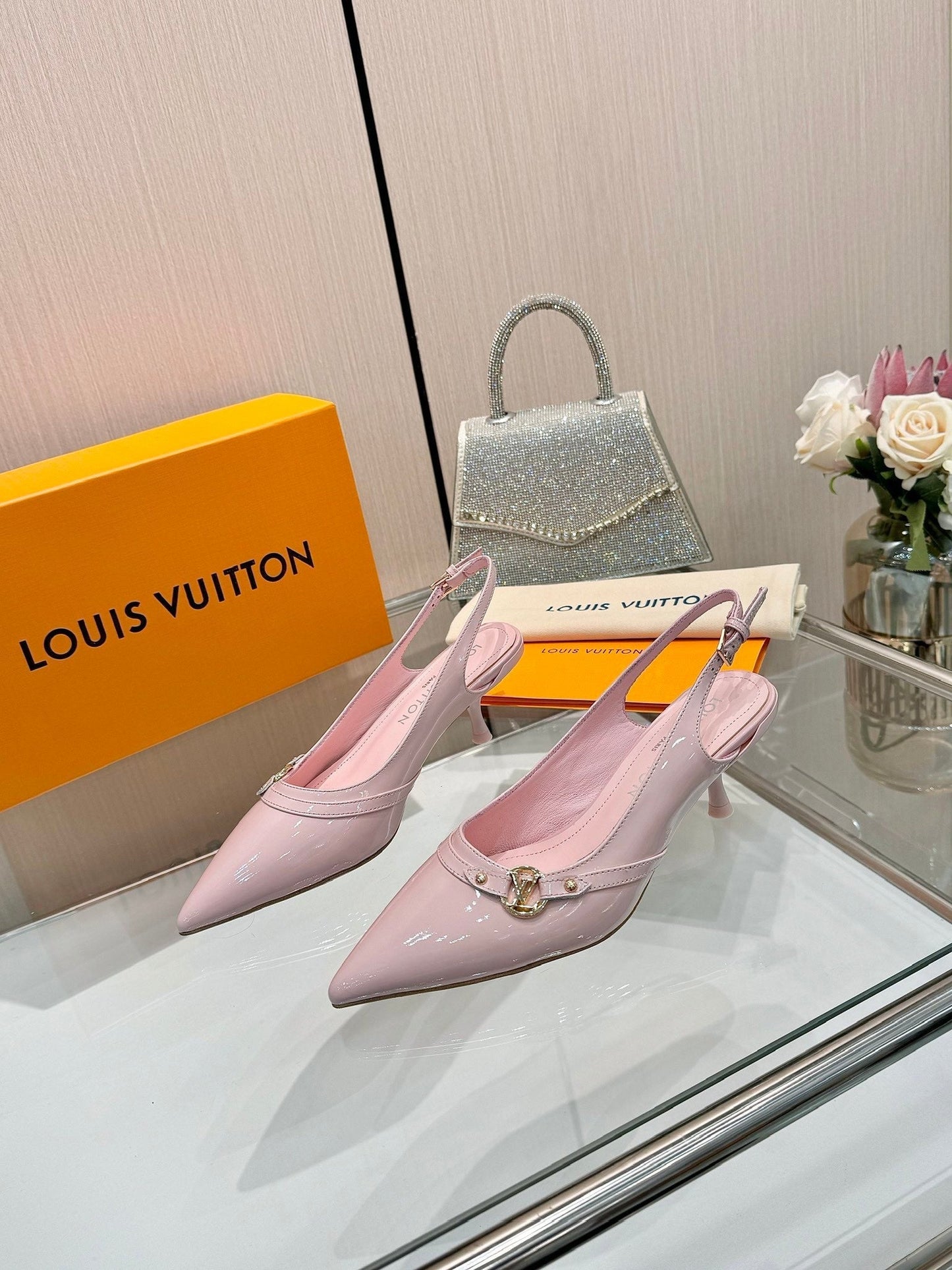 6AM SLINGBACK HIGH HEELS 55 MM IN LIGHT PINK PATENT LAMBSKIN