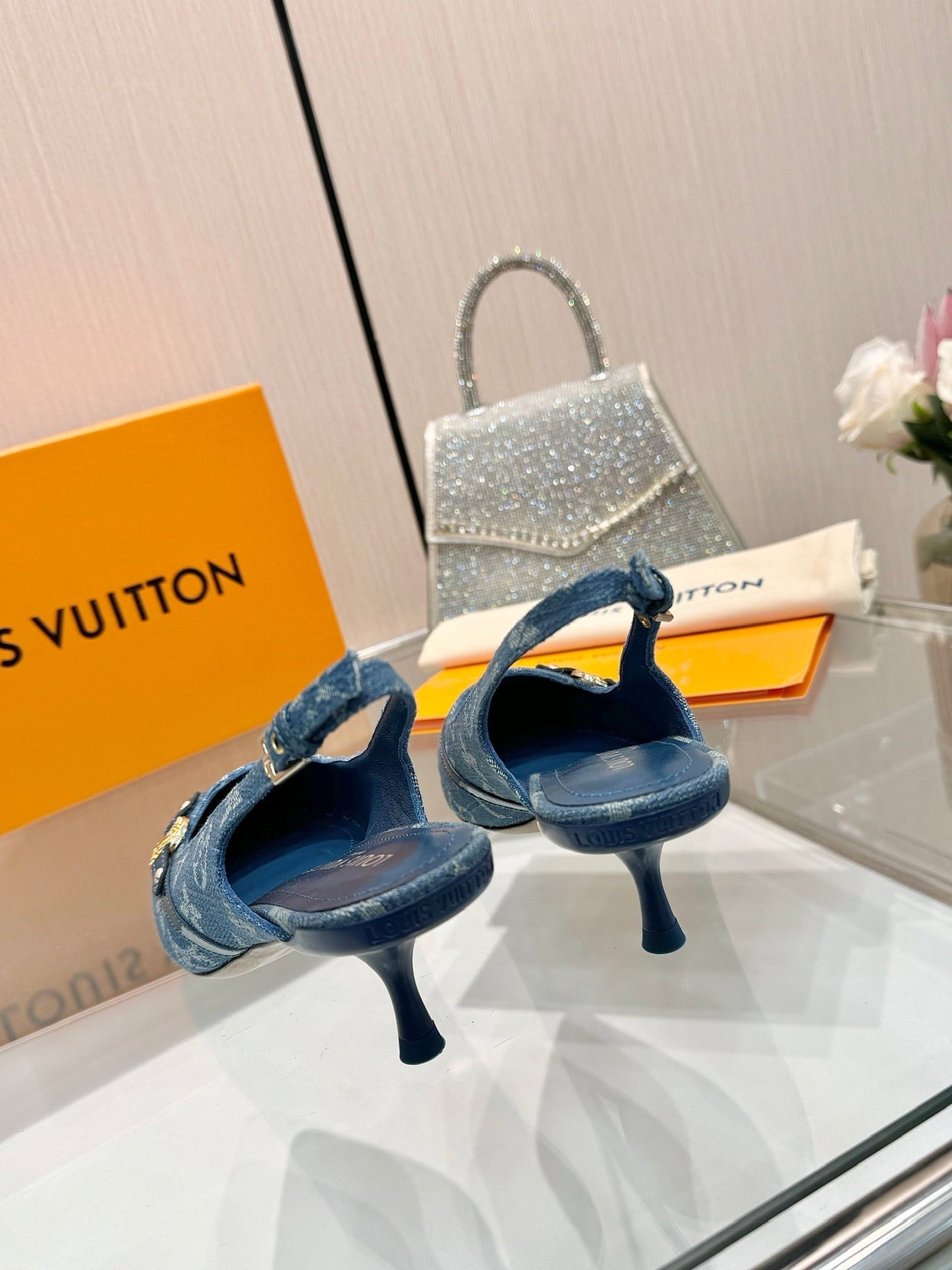 6AM SLINGBACK HIGH HEELS 55 MM IN CLASSIC BLUE MONOGRAM DENIM