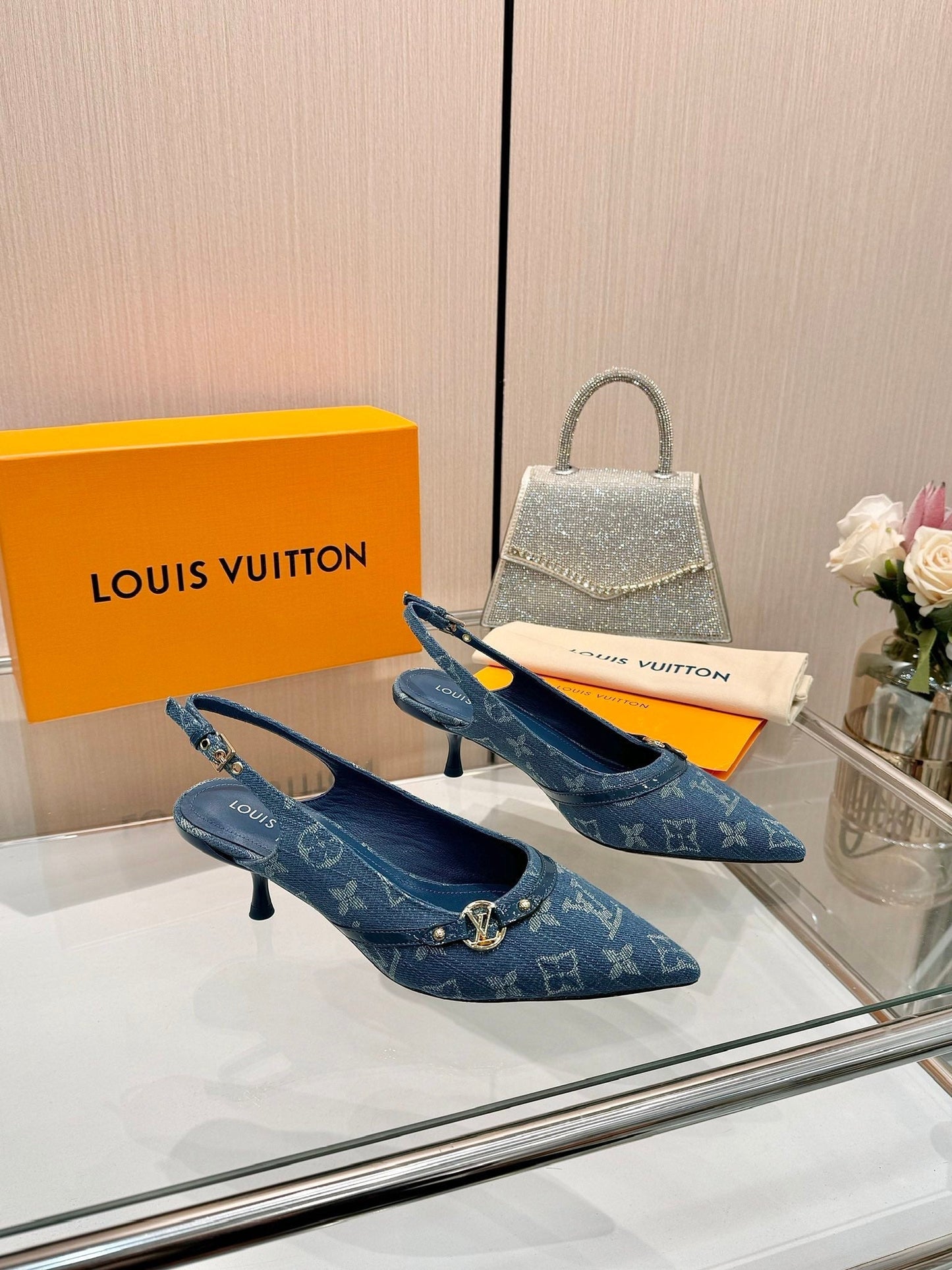 6AM SLINGBACK HIGH HEELS 55 MM IN CLASSIC BLUE MONOGRAM DENIM