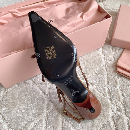 Slingback Ash Brown Leather With Stylized Cross Straps - Mid Heels