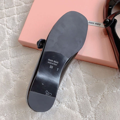 Glossy Black Ballet Shoes Sheepskin
