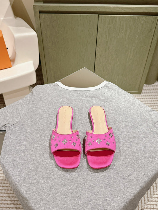 LV WOMEN FLAT MULE IN DEEP PINK SATIN WITH RHINESTONE