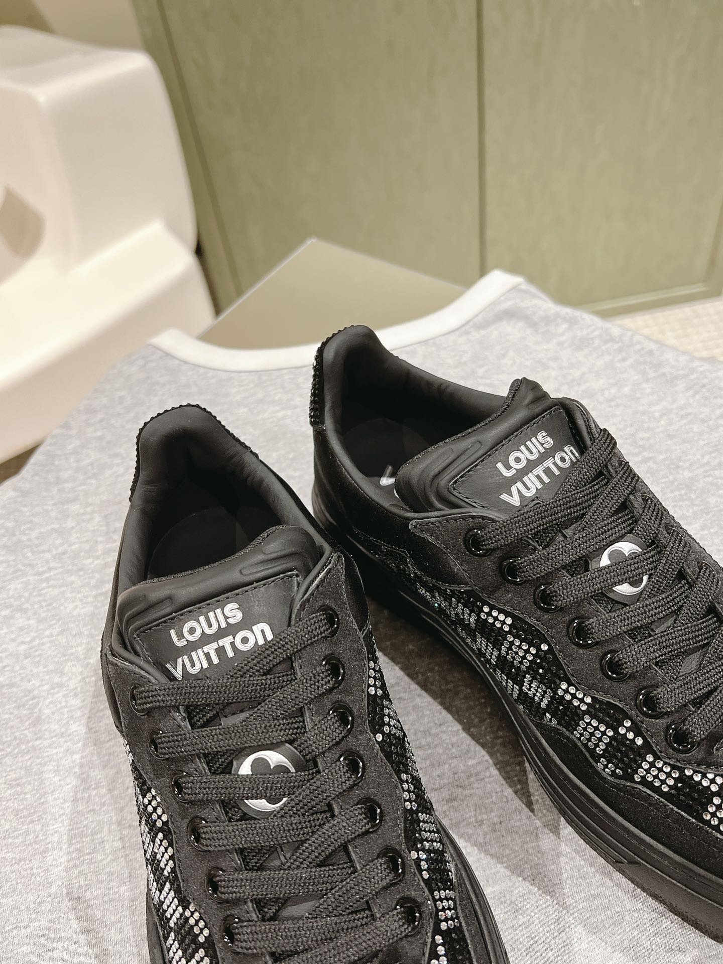 LV GROOVY SNEAKER IN BLACK DAMIER STRASS AND CALFSKIN