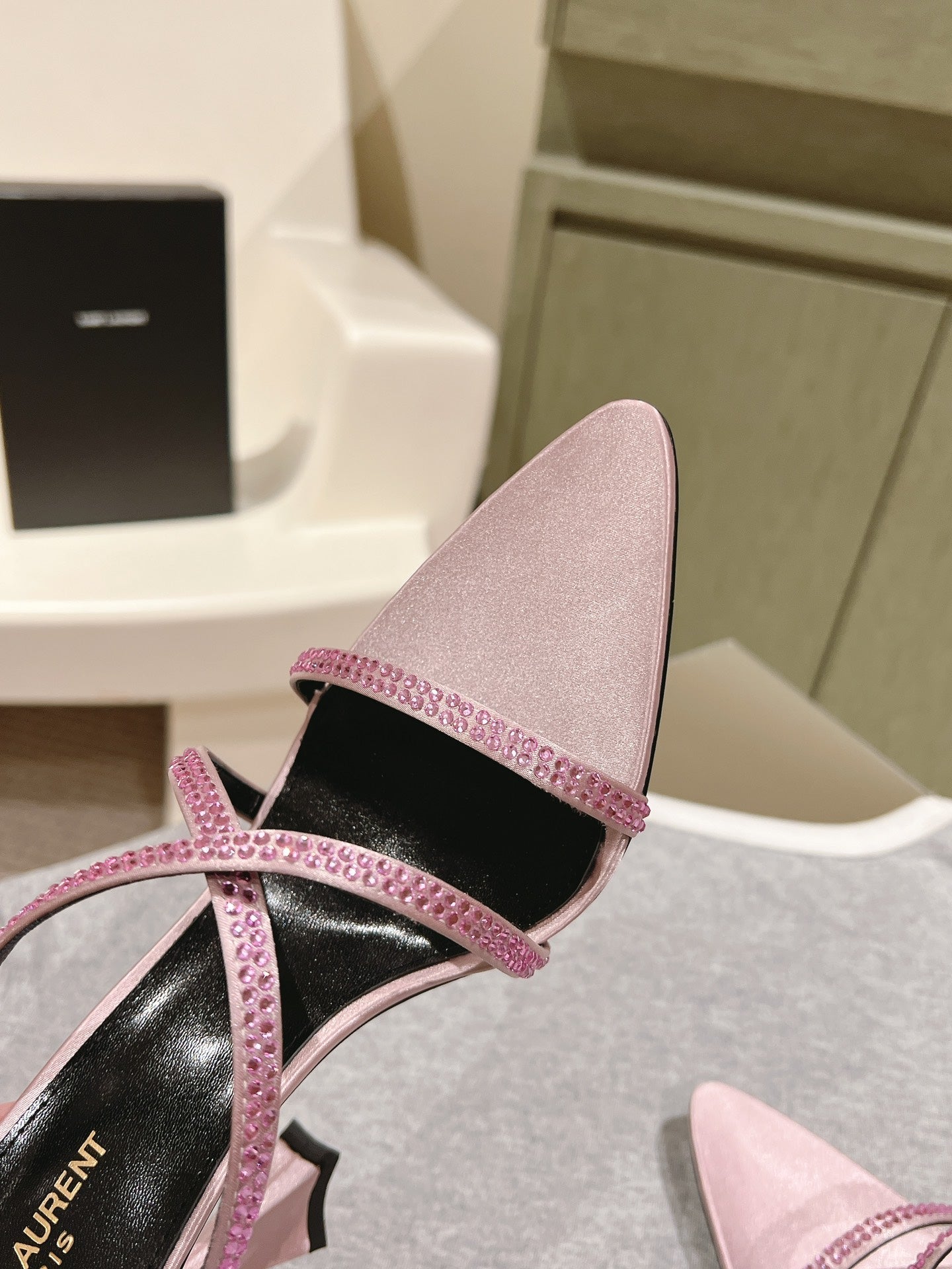 HIGH HEEL MULE 10 CM IN BABY PINK SATIN WITH RHINESTONES