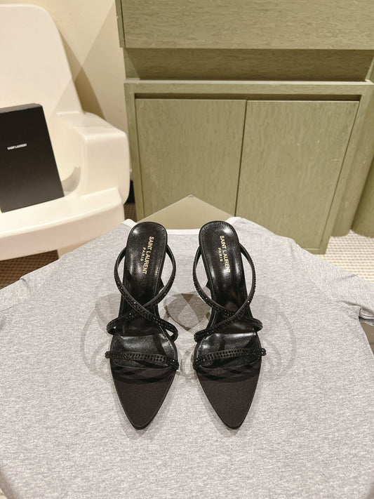 HIGH HEEL MULE 10 CM IN BLACK SATIN WITH RHINESTONES