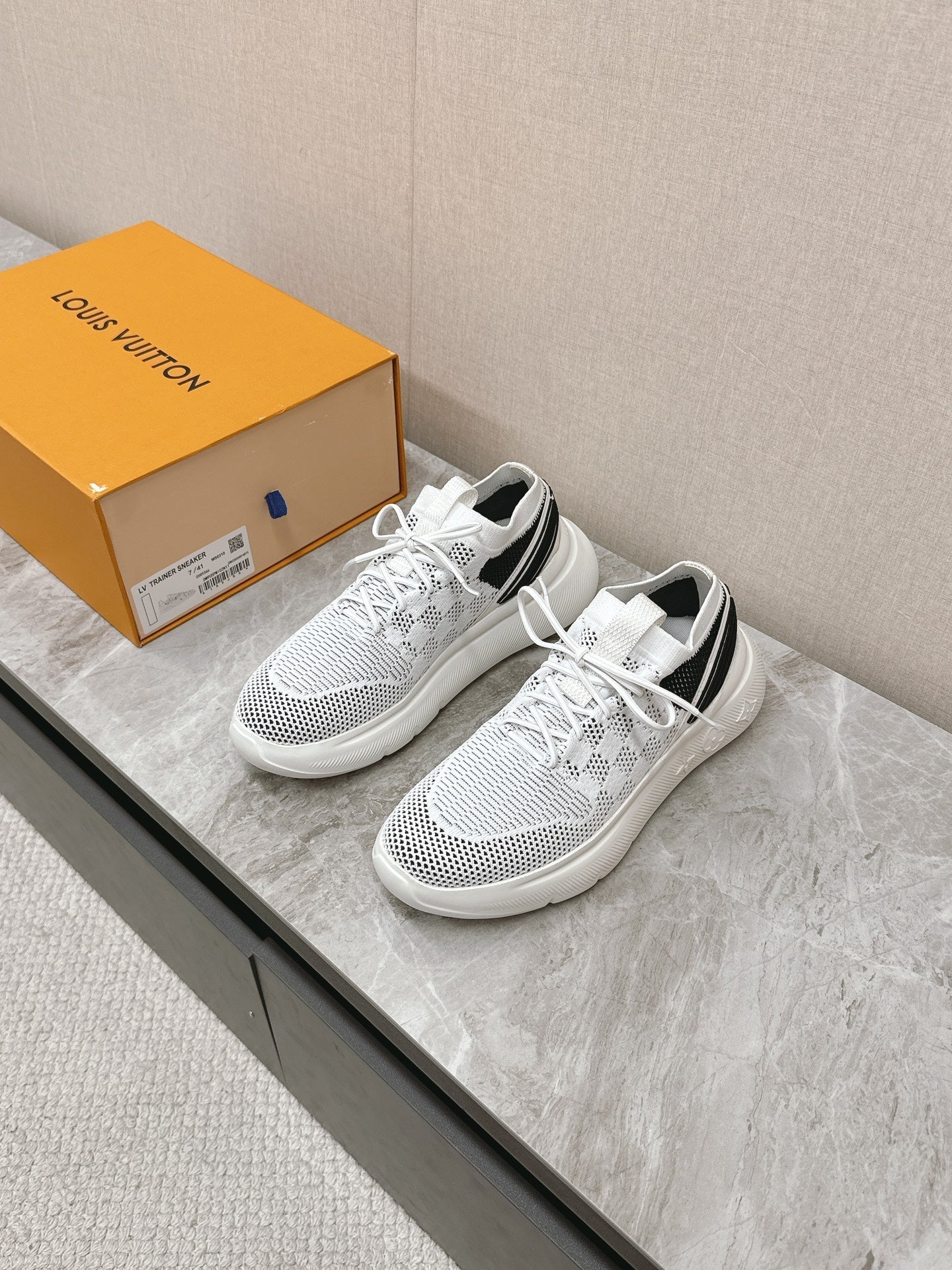 SNEAKERS IN WHITE DAMIER ELASTIC FABRIC