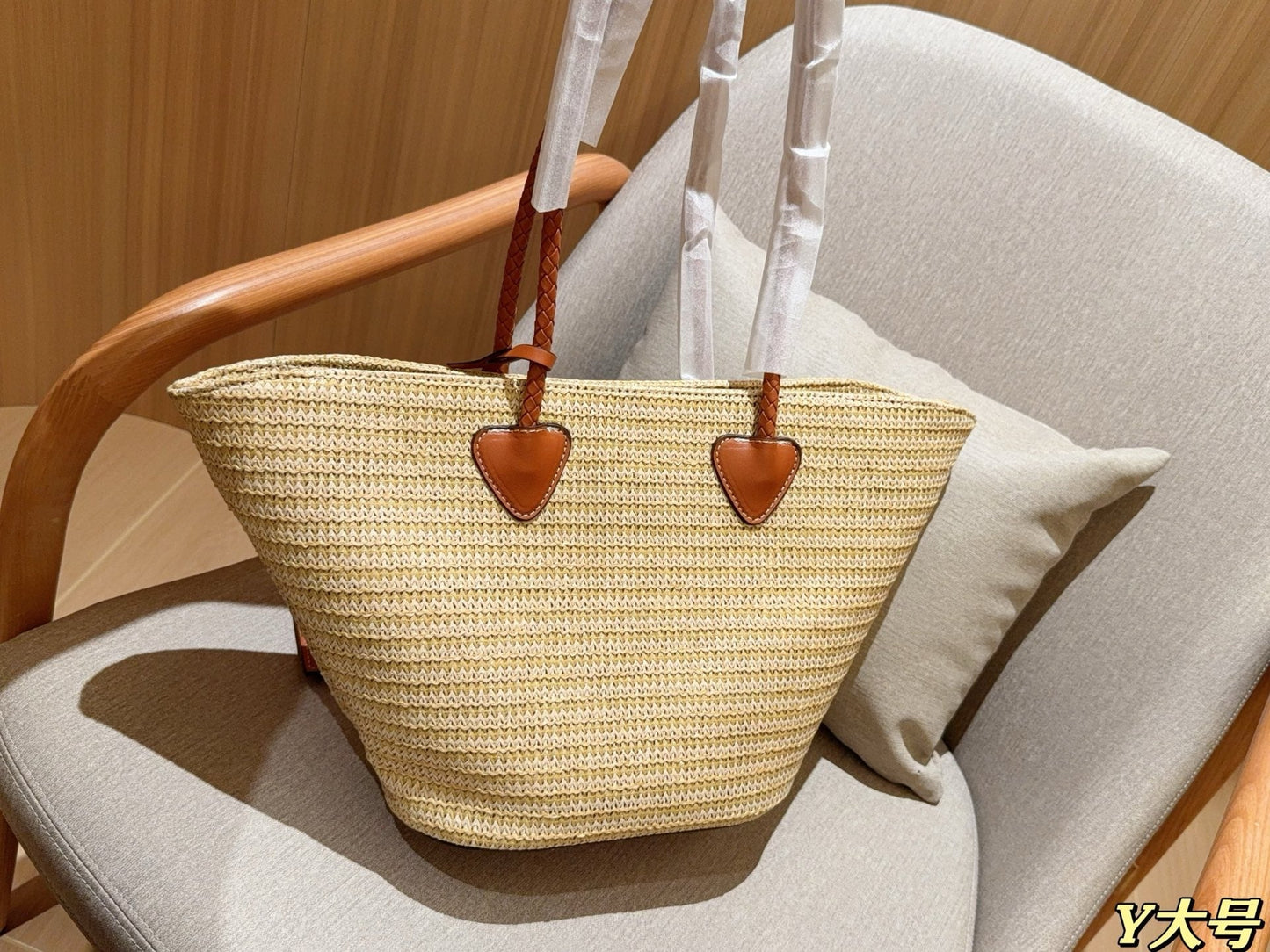 PALMETTO TOTE BAG 25 IN BEIGE WOVEN RAFFIA BROWN CALFSKIN TRIM