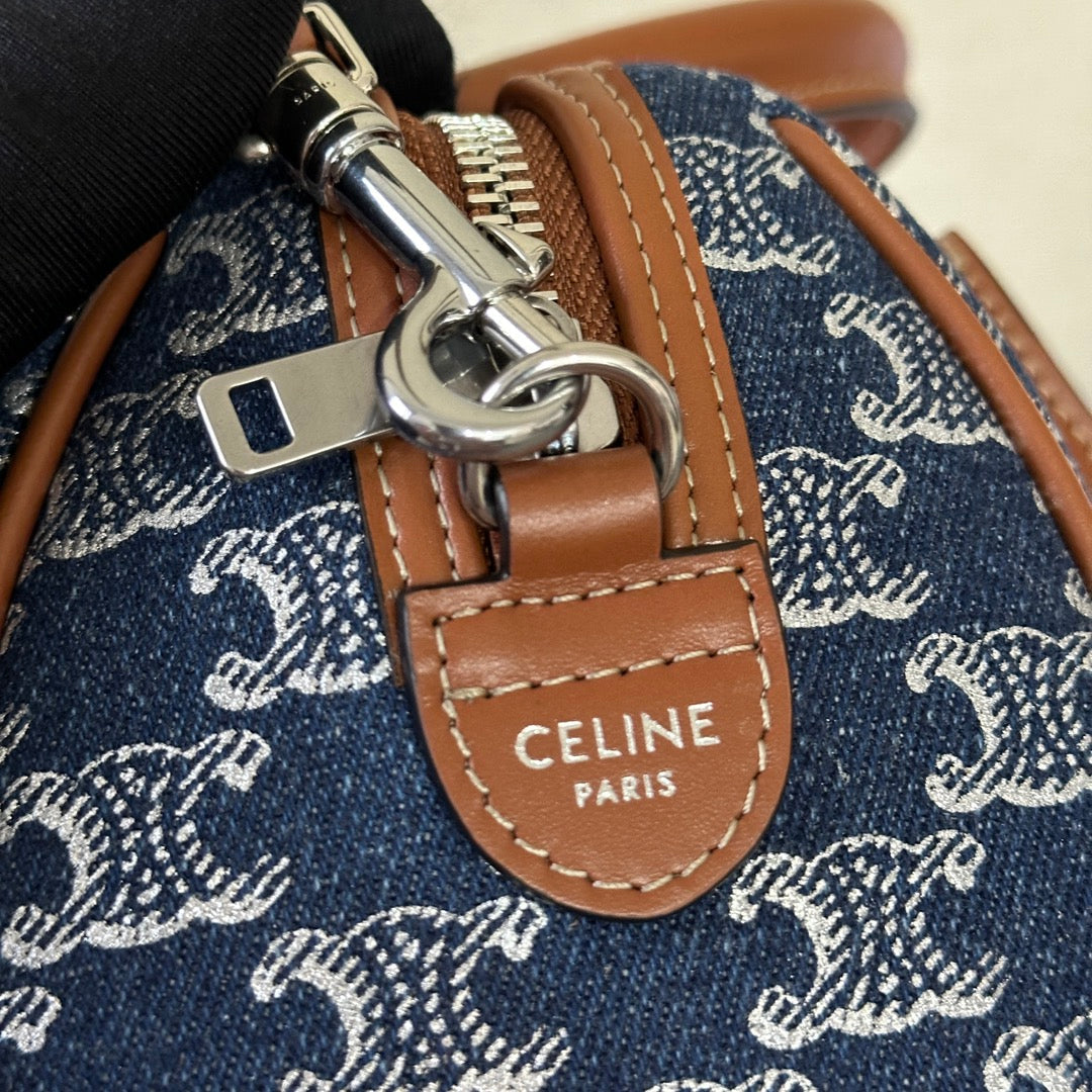 SMALL BOSTON 19 IN SPACE BLUE TRIOMPHE DENIM AND BROWN CALFSKIN TRIM