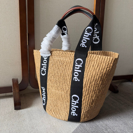 LAGRE WOODY TOTE BAG 48 IN NATURAL FIBERS BLACK WEBBING LOGO EMBROIDER BROWN CALFSKIN