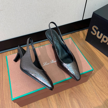LP POINTED TOE MID-HEEL SLINGBACK DARK BROWN CALFSKIN