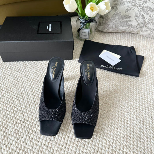 SL SEPT MULES BLACK SATIN AND RHINESTONES
