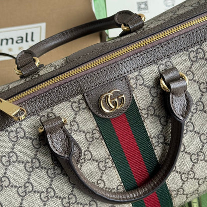 OPHIDIA LARGE BOSTON BAG 31 IN BEIGE EBONY GG BROWN CALFSKIN TRIM