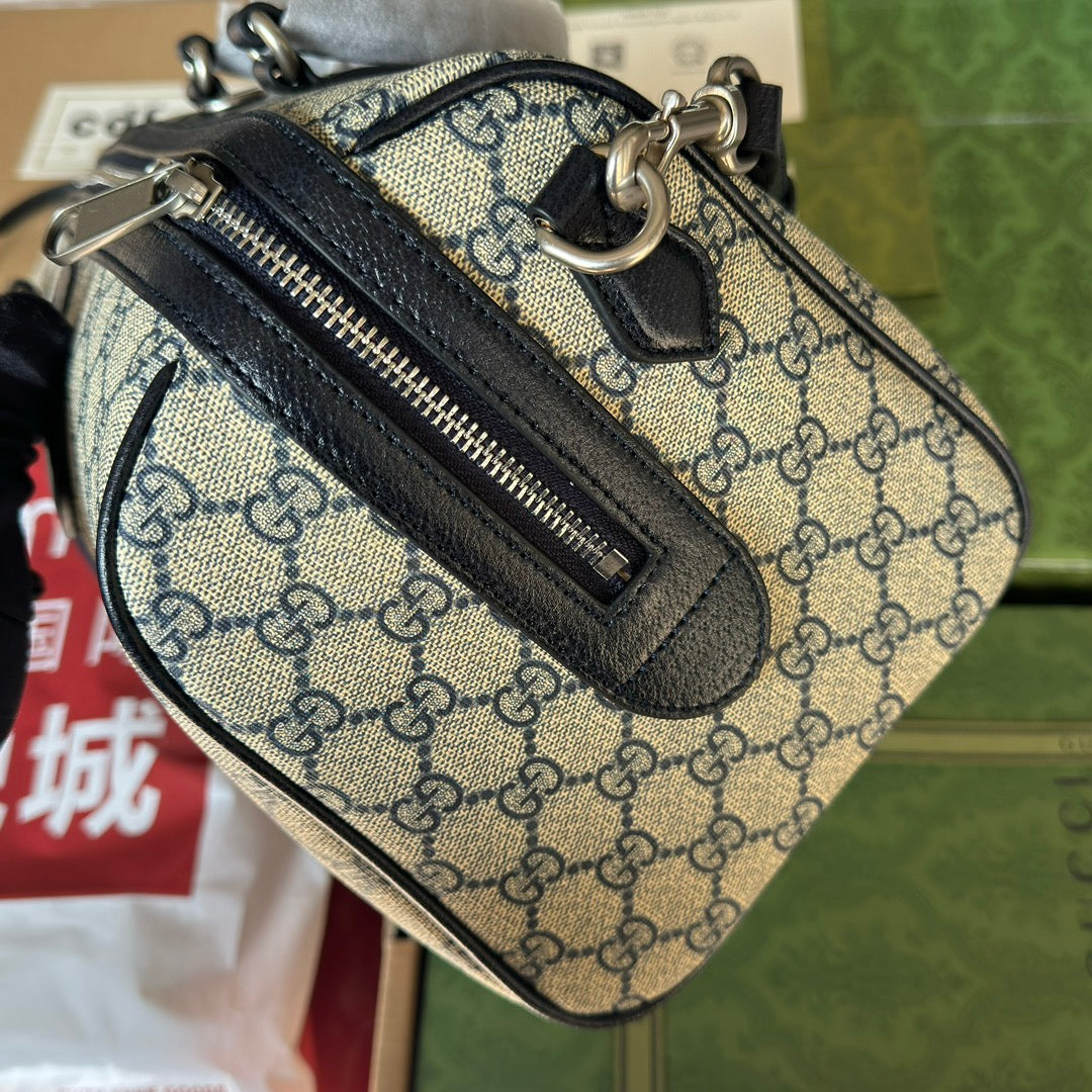 OPHIDIA LARGE BOSTON BAG 31 IN BEIGE AND BLUE GG CALFSKIN