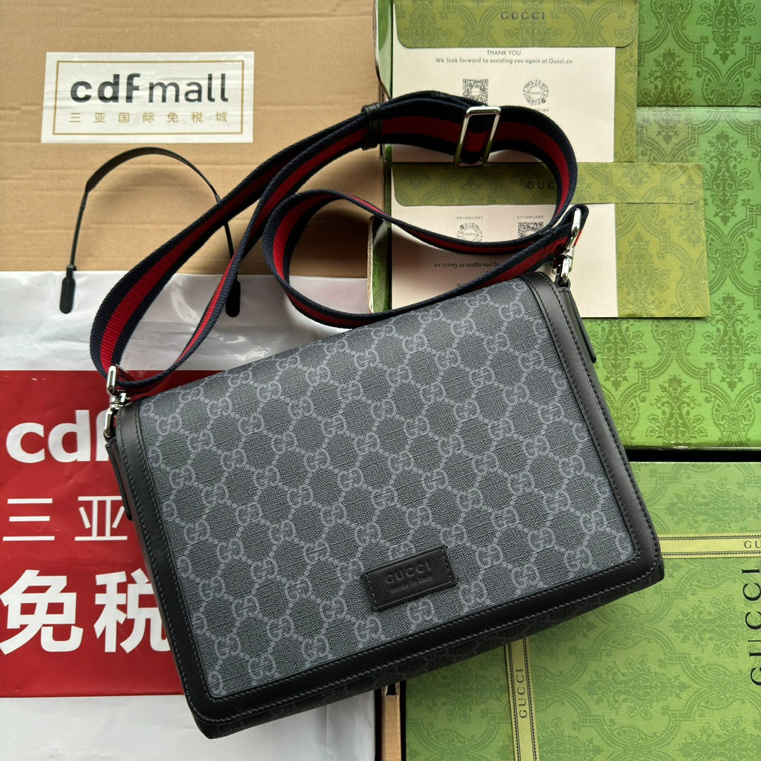 OPHIDIA MEDIUM MESSENGER FLAP BAG 27 IN DARK GREY AND BLACK CALFSKIN