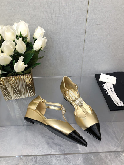 CAMELLIA CAP JANE SANDALS IN GOLD MIX BLACK LAMBSKIN