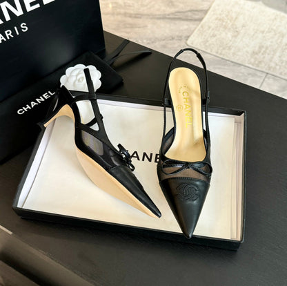 MESH LOGO SLINGBACKS IN BLACK LAMBSKIN