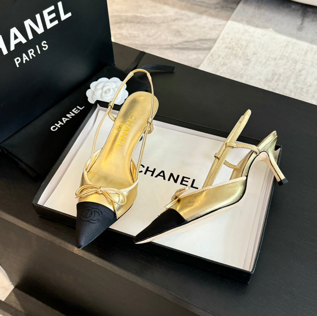 SLINGBACK WITH BOW IN GOLDEN MIX BLACK LAMBSKIN