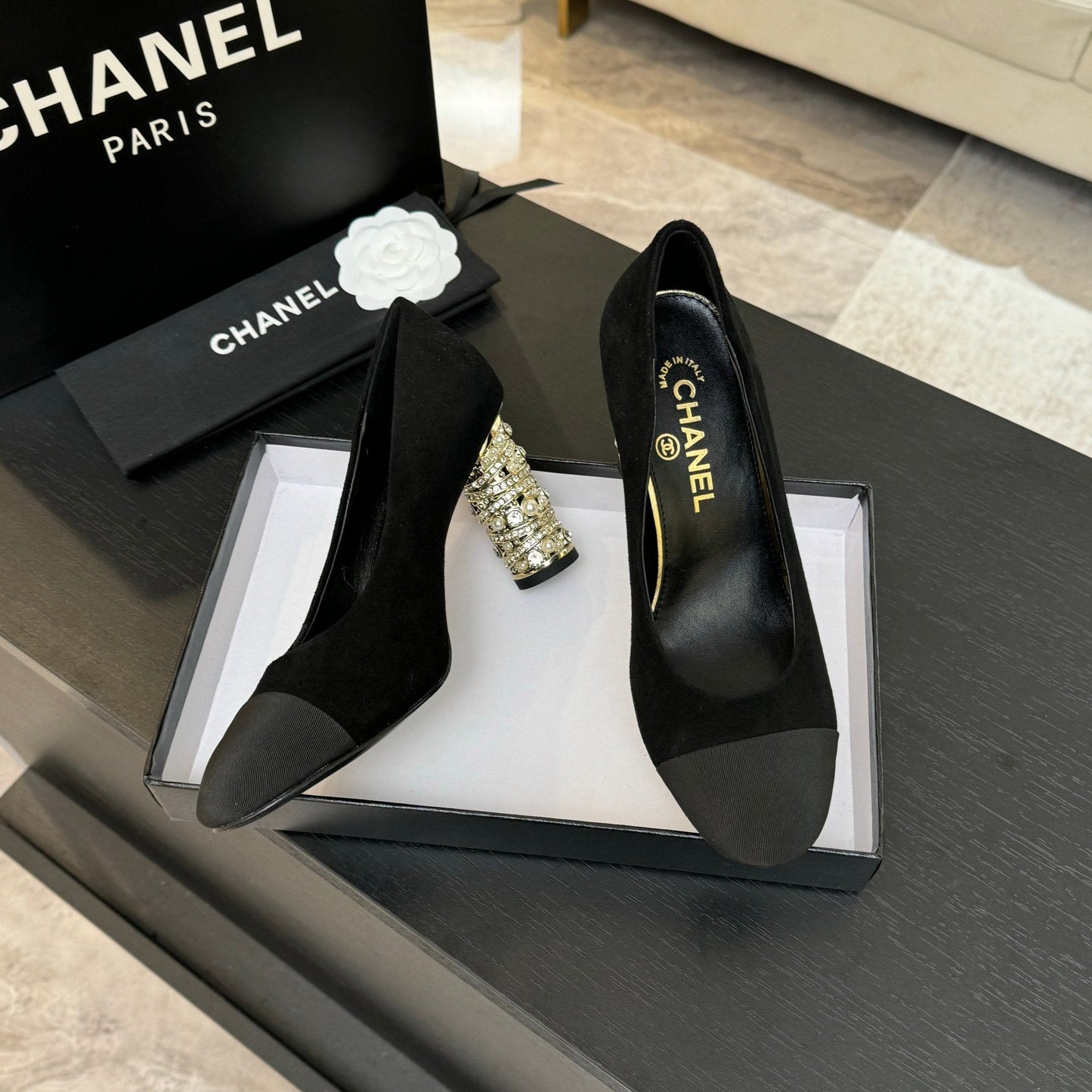 HIGH HEEL 85 MM SANDALS IN BLACK SUEDE AND FABRIC