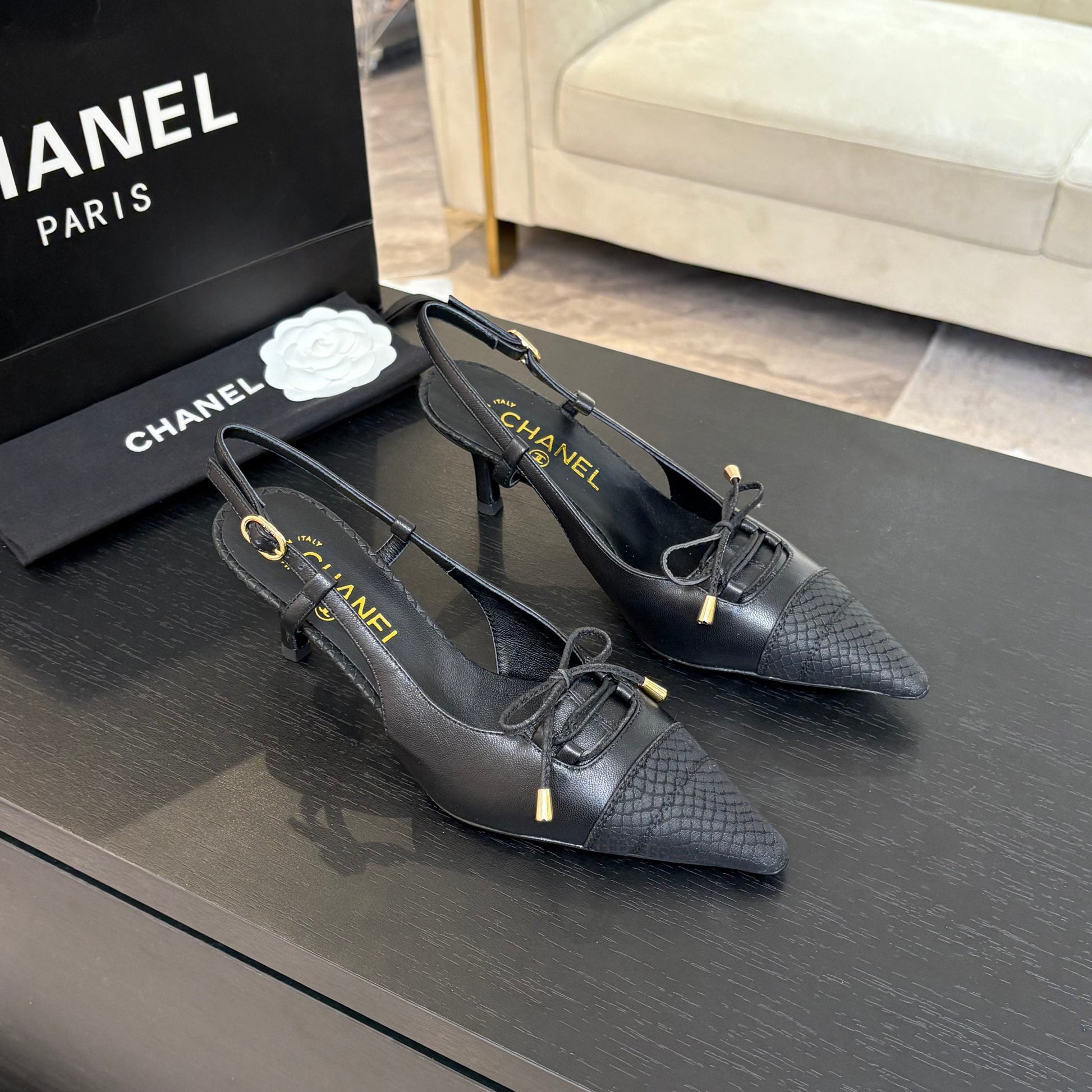 HIGH HEEL SLINGBACKS 65 MM IN BLACK WITH SNAKESKIN PATTERN LAMBSKIN