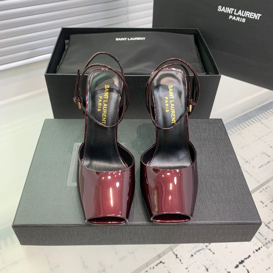 SL FISH MOUTH SANDAL PUMP BERRY POLISHED CALFSKIN
