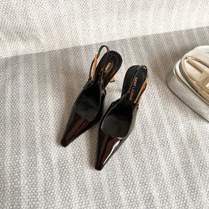 LEE SLINGBACK PUMPS 105 IN MAROON PATENT LEATHER GOLD HEEL
