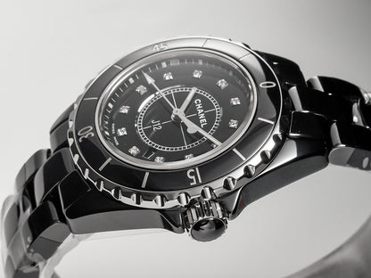 J12 Date Quartz Black Ceramic Diamond Numerals Black Dial