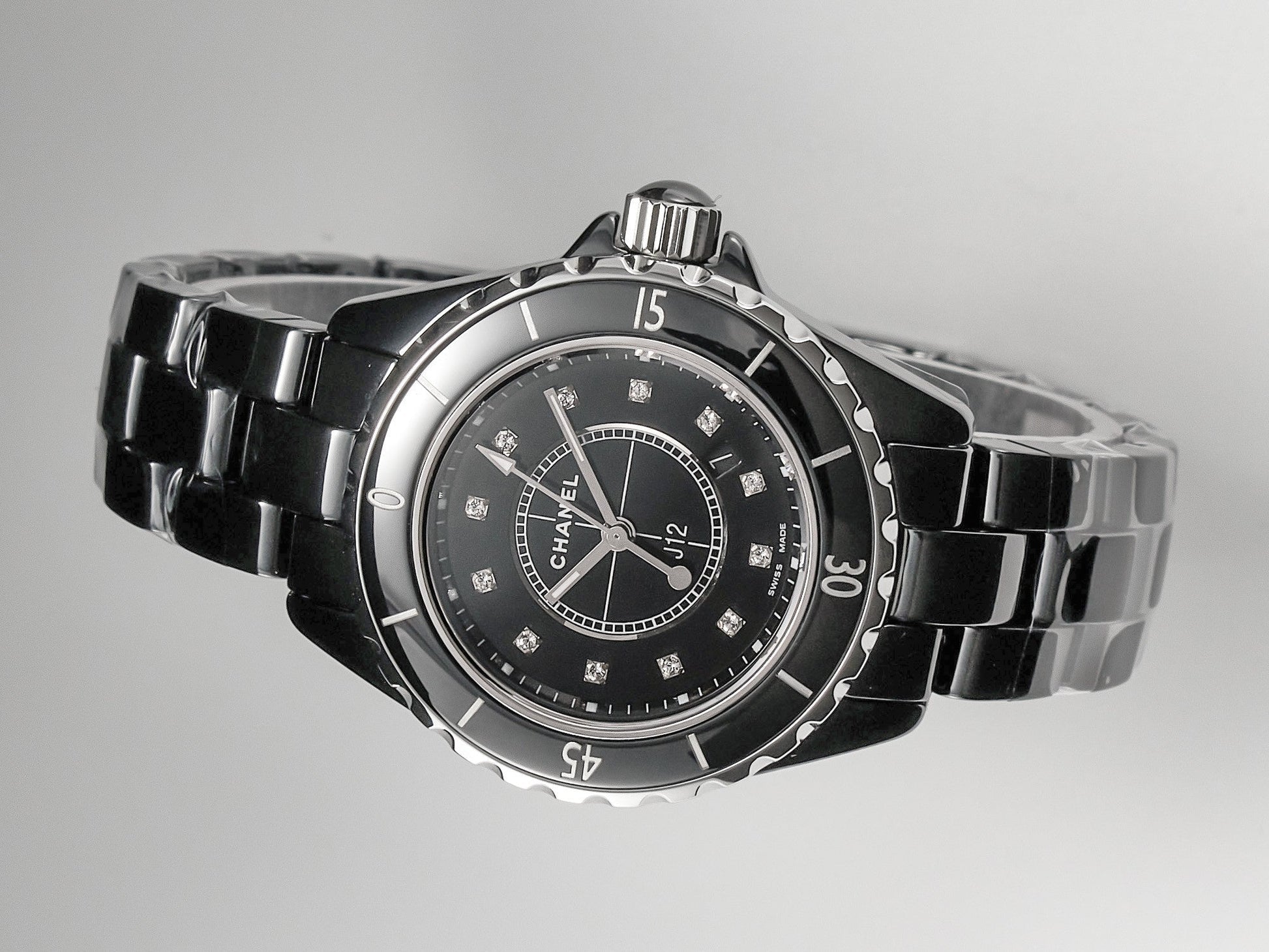 J12 Date Quartz Black Ceramic Diamond Numerals Black Dial