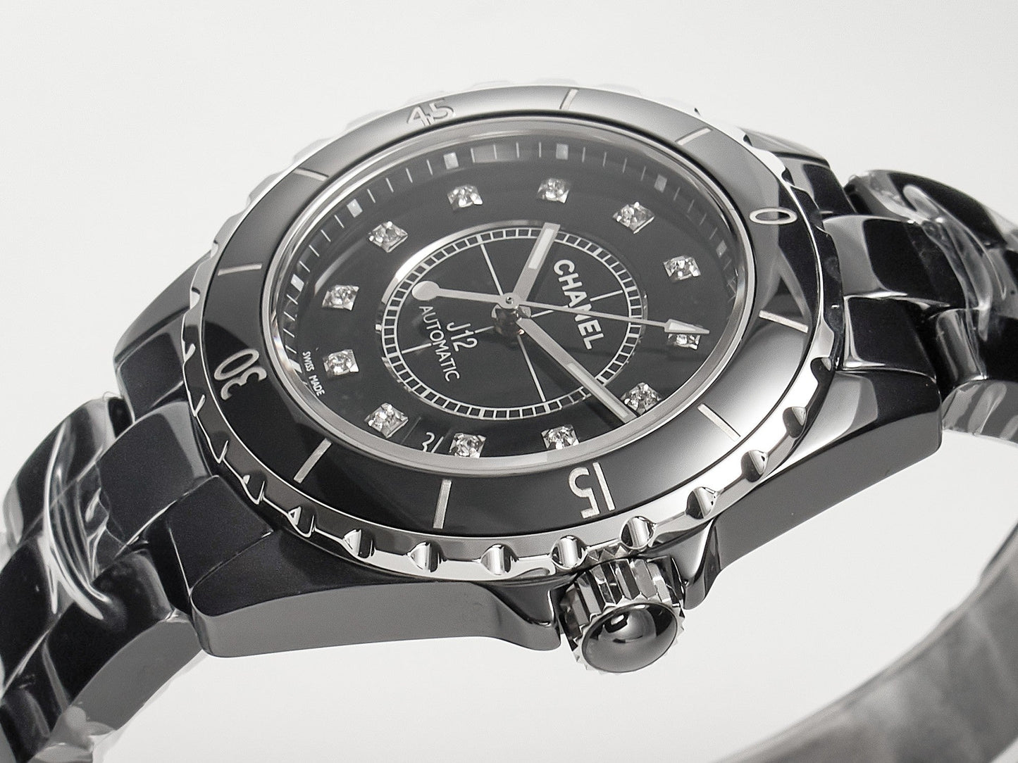 J12 Date Automatic Black Ceramic Diamond Numerals Black Dial White Steel Hands