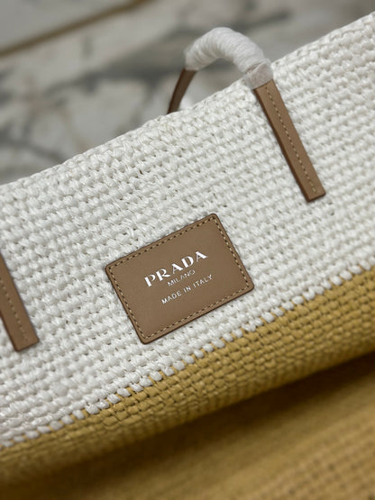 LARGE TOTE BAG 37 IN WHITE MIX BEIGE RAFFIA AND BROWN CALFSKIN HANDLE
