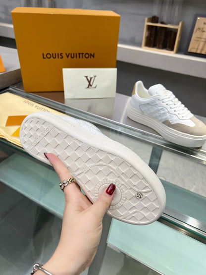 LV WOMEN GROOVY PLATFORM IN CAMEL BROWN SUEDE MIX WHITE EMBOSSED CALFSKIN
