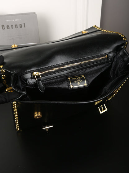STUDDED BRIEFCASE 34 IN BLACK SHINY SMOOTH CALFSKIN