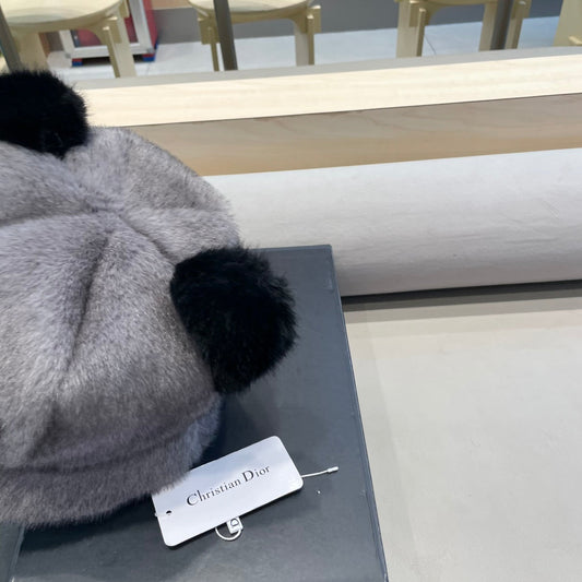 BUCKET HAT WITH CUTE BEAR EARS IN SILVER GRAY RABBIT FUR 434966