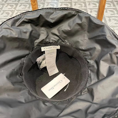 BLACK STRAW BUCKET HAT WITH BOW FABRIC BORDER 439646