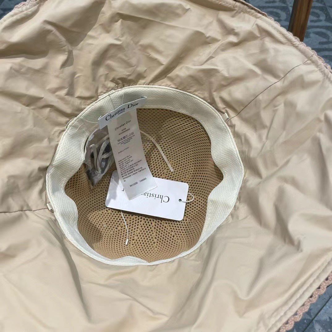 BUFF BEIGE STRAW BUCKET HAT WITH BOW FABRIC BORDER 439648