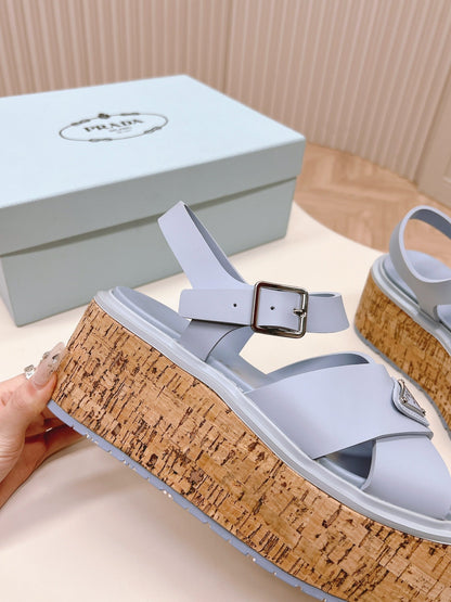 PRA WEDGE PLATFORM SANDALS SAPPHIRE CALFSKIN