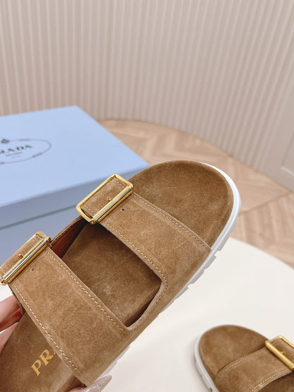 Double Buckle Strap Slides 20 Brown Suede