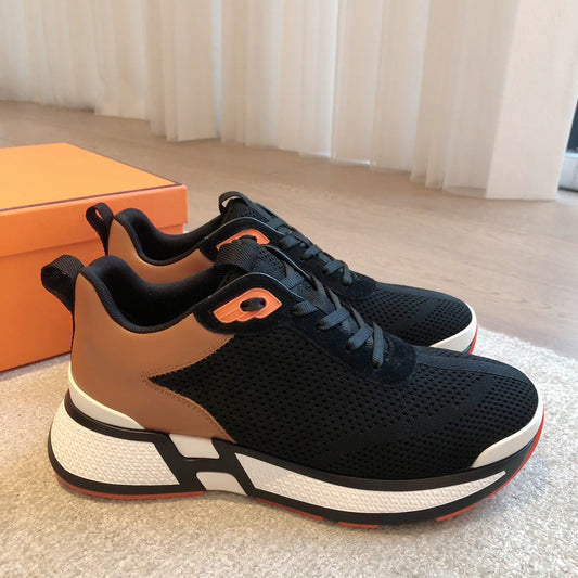 HEROS SNEAKER IN BLACK BREATHABLE MESH FABRIC AND BRONZE BROWN CALFSKIN