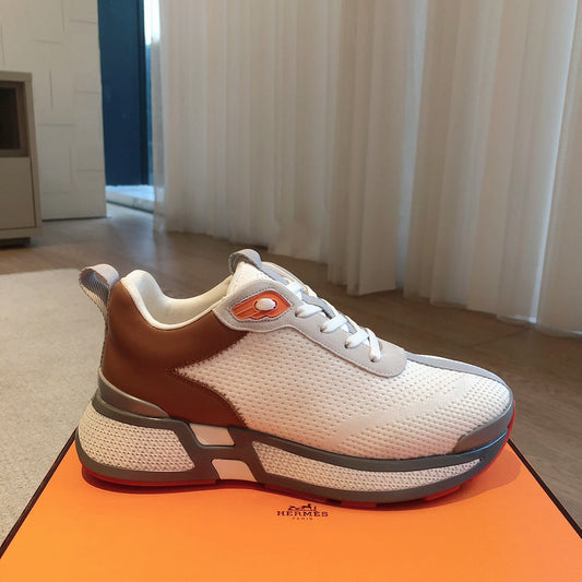 HEROS SNEAKER IN WHITE BREATHABLE MESH FABRIC AND BROWN CALFSKIN