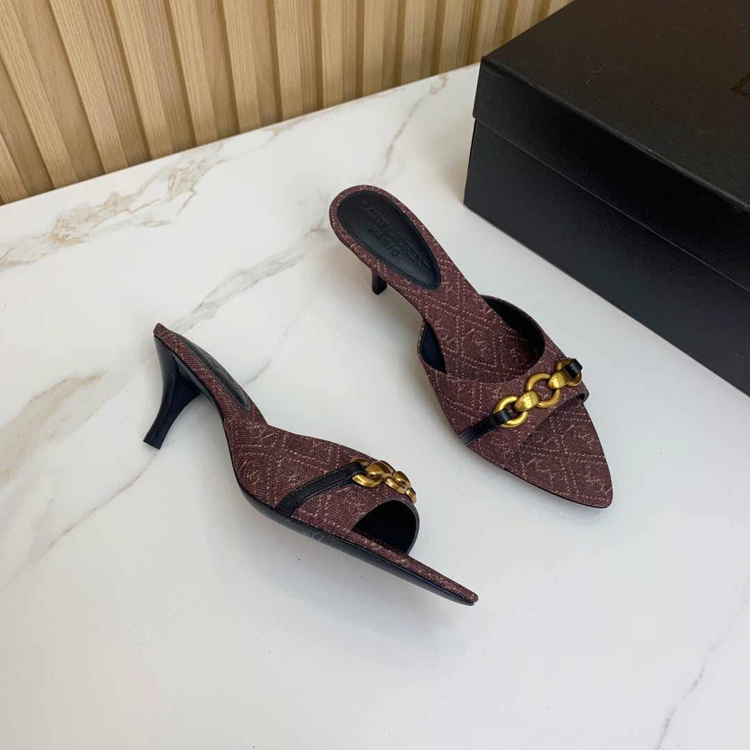 SL CHAIN ATTACH HEELED MULES BROWN DENIM