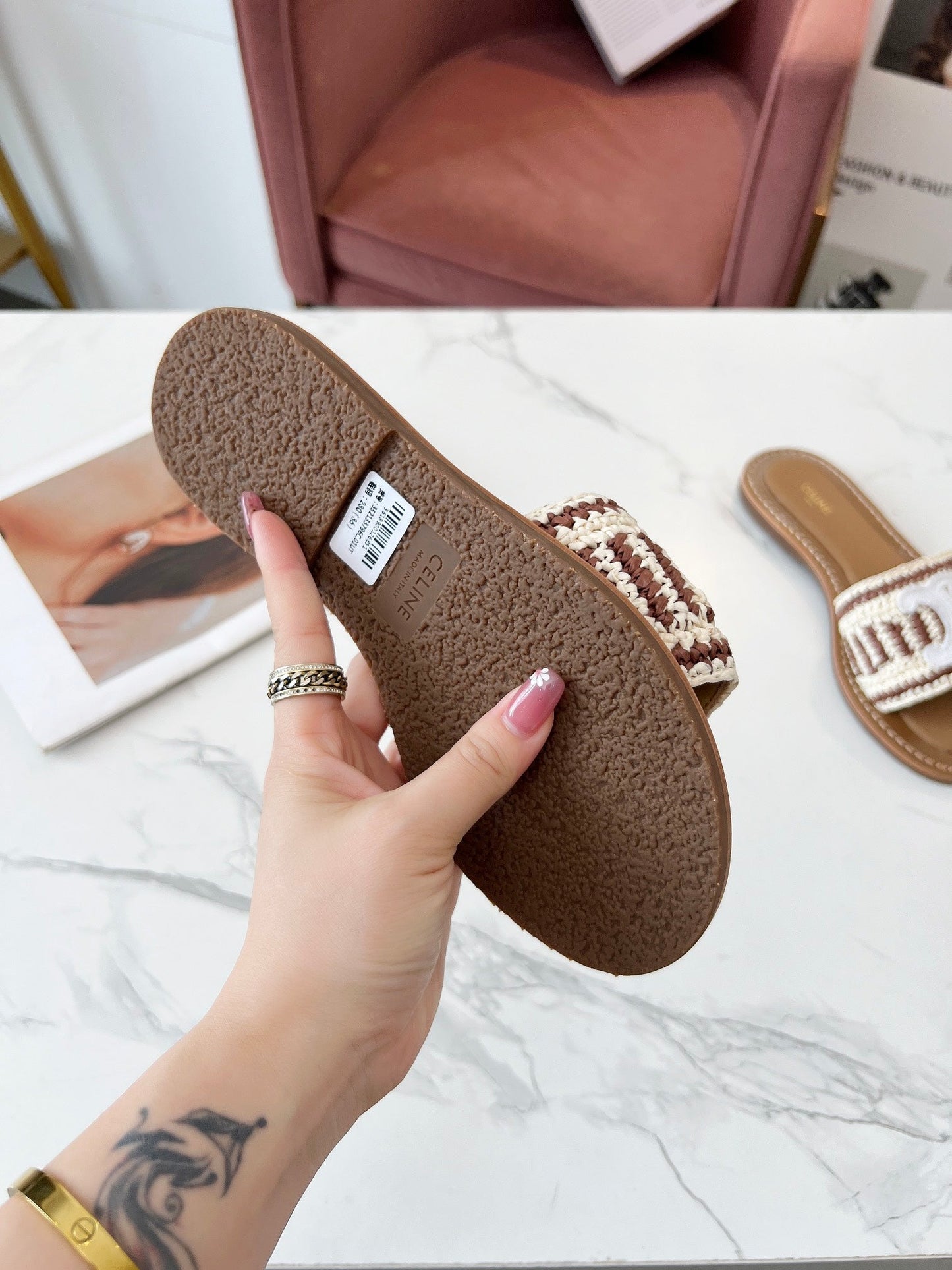 LYMPIA MULE WHITE MIX BROWN RAFFIA