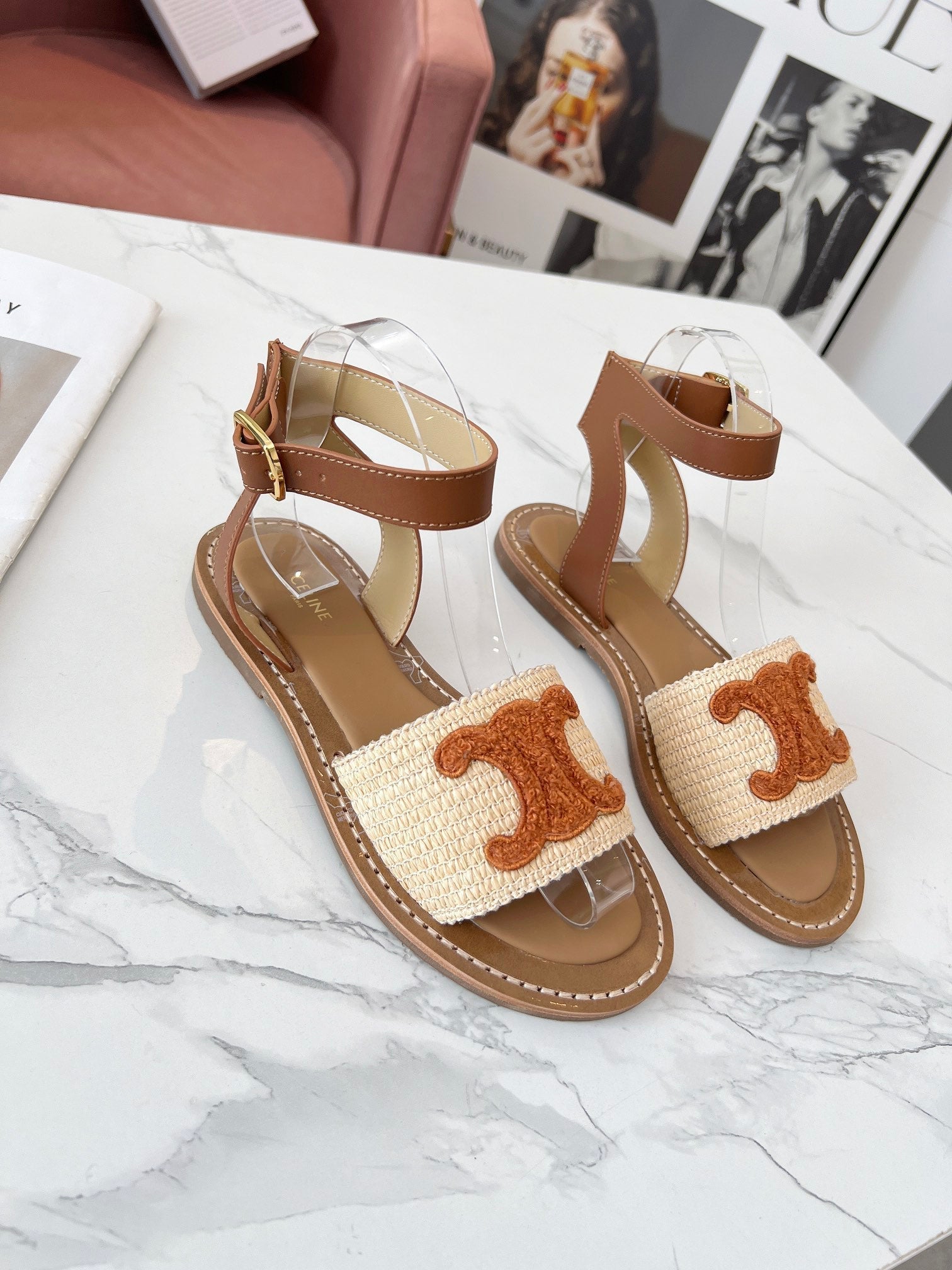 TRIOMPHE SANDALS BEIGE RAFFIA BROWN WOOL