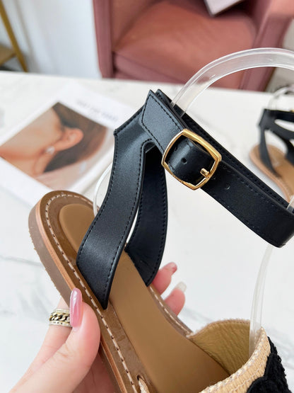 TROMPHE SANDALS BEIGE RAFFIA BLACK WOOL